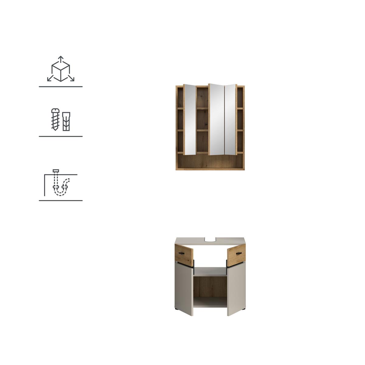 Badezimmer Aqua Kaschmir/Eichefarben B: 60cm - Kaschmir/Eichefarben, Trend, Glas/Holzwerkstoff (60cm) - MID.YOU
