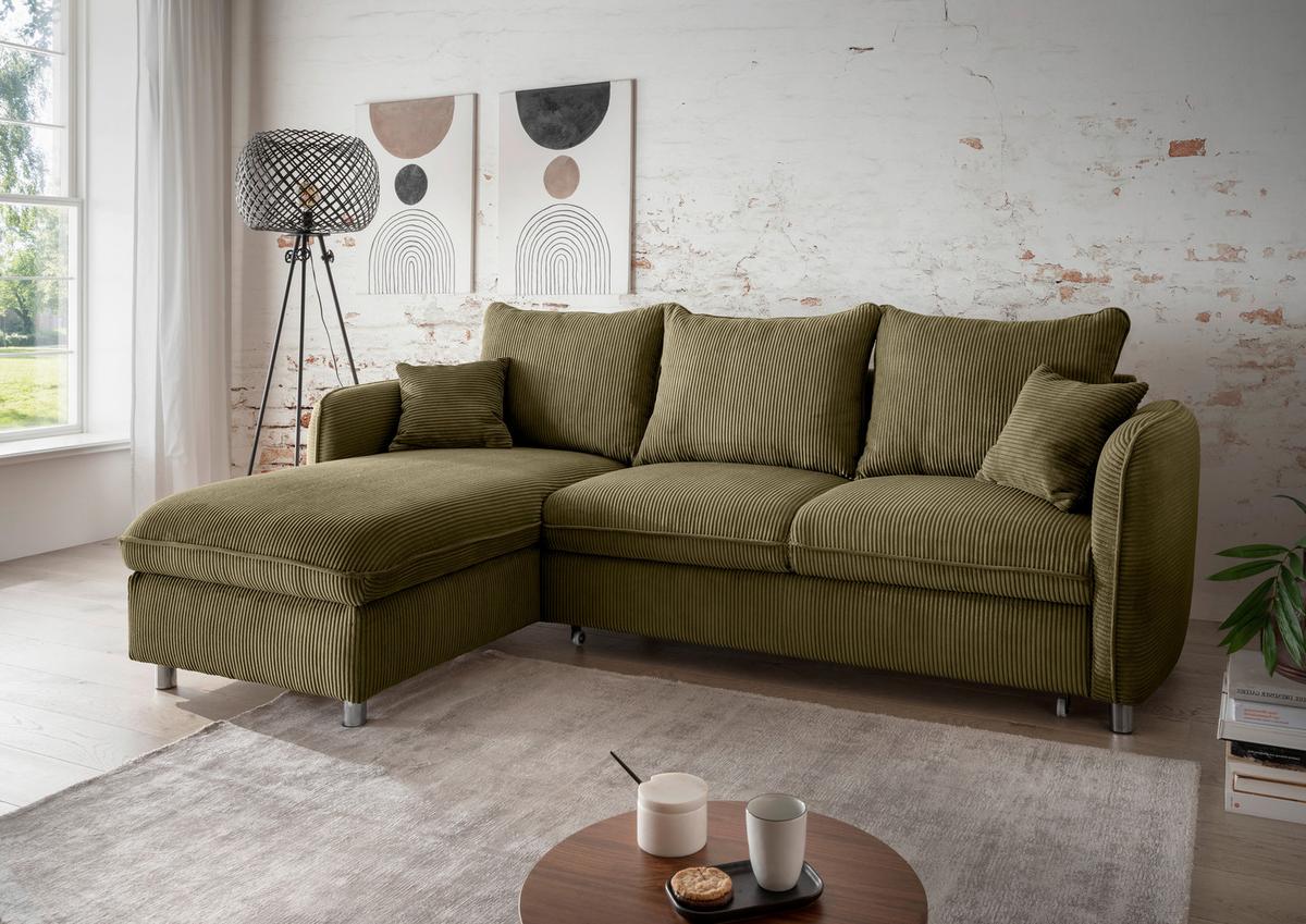 Eckschlafsofa Lauritio Olivgrün S: 254x160 cm - Chromfarben/Olivgrün, MODERN, Textil (254/160cm) - Livetastic