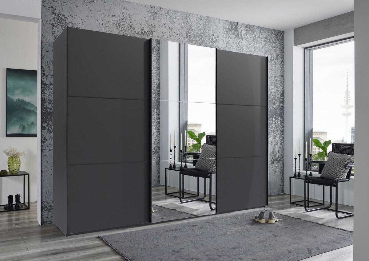 Schwebetürenschrank Indian A Grafit Dekor/Spiegel, B: 300cm - Graphitfarben, KONVENTIONELL, Glas/Holzwerkstoff (300/216/65cm)