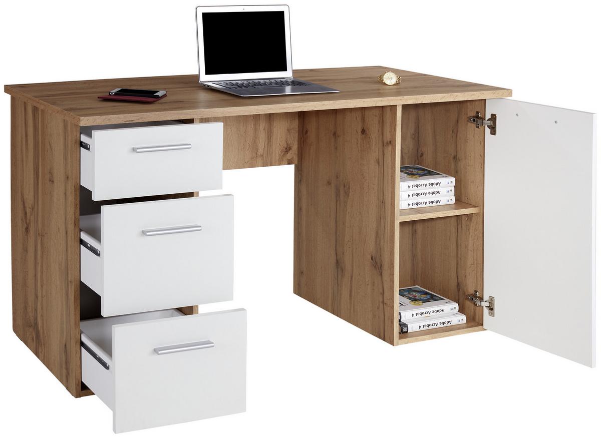 Schreibtisch mit Stauraum B 138 cm H 76cm Mx 143 Eiche Dekor - Eichefarben/Weiß, MODERN, Holzwerkstoff (138/76cm)