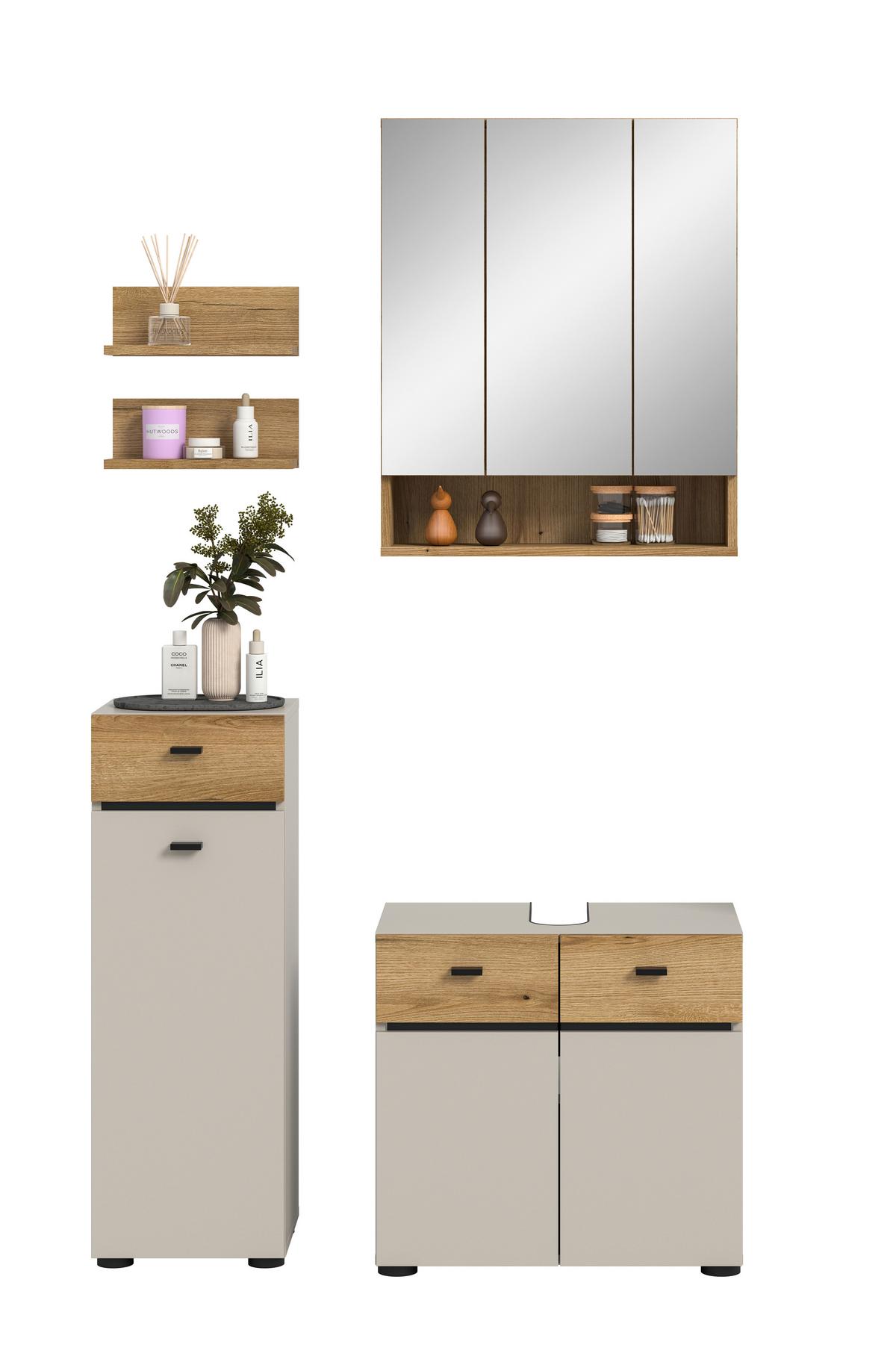 Badezimmer Aqua Kaschmir/Eichefarben B: 92cm - Kaschmir/Eichefarben, Trend, Glas/Holzwerkstoff (92cm) - MID.YOU