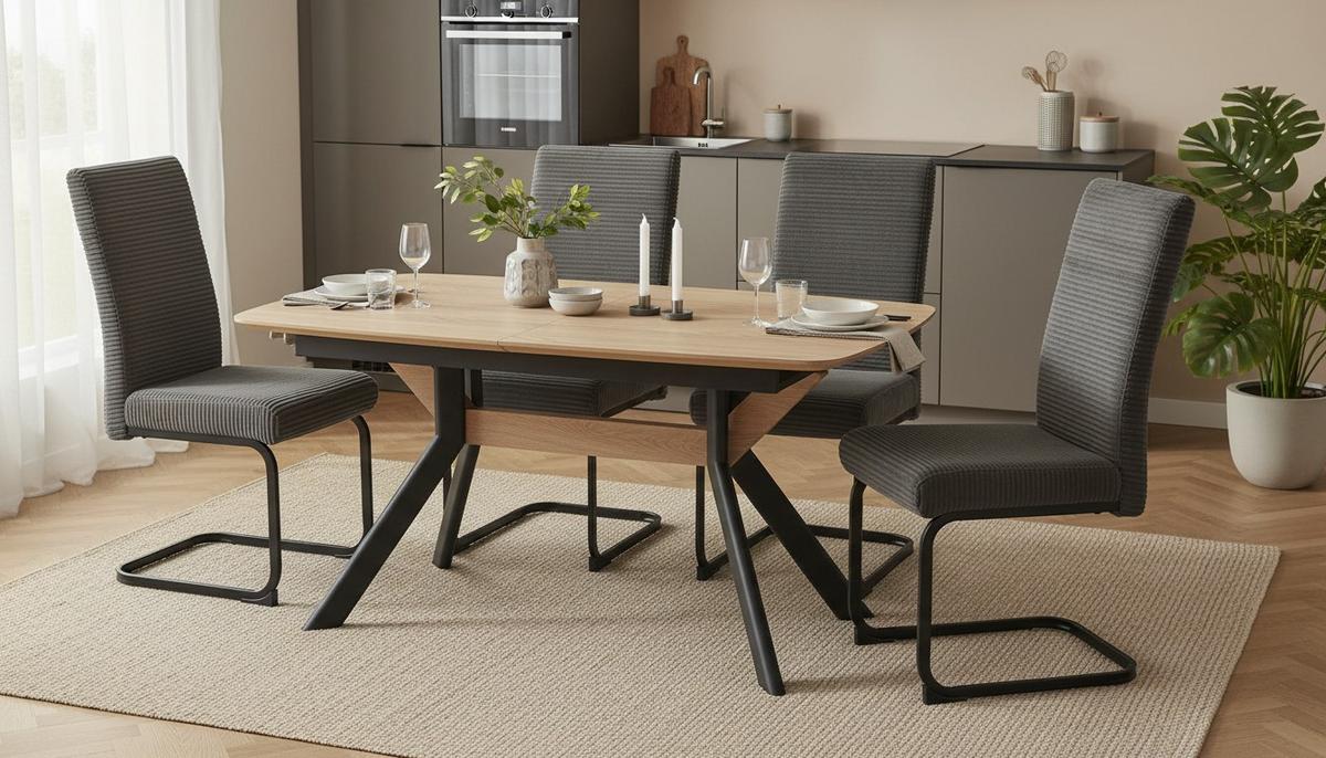 Esstisch Riga Naturfarben/SchwarzL:160-200cm - Schwarz/Naturfarben, MODERN, Holzwerkstoff/Metall (160-200/95/76cm) - Livetastic