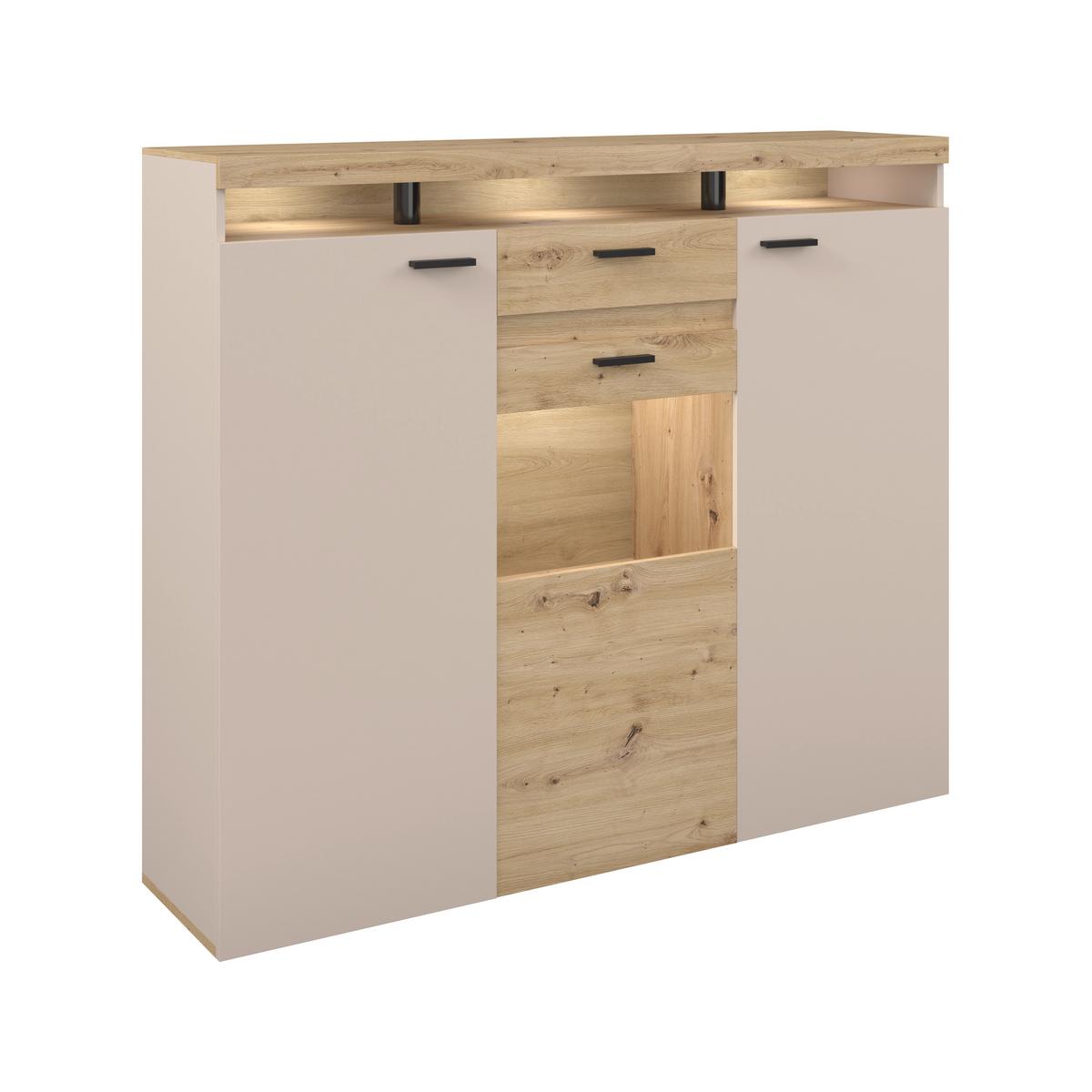 Highboard Strada Giga Eiche Artisan/Kashmir, B:151cm - Kaschmir/Schwarz, Trend, Glas/Holzwerkstoff (151/129/37cm)