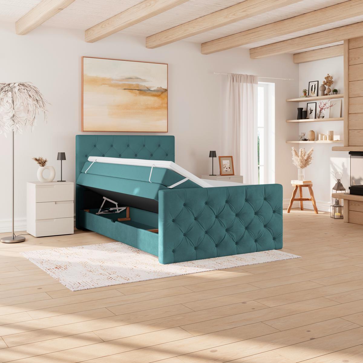 Boxspringbett Elio Petrol 140x200 cm H4 - Beige/Petrol, ROMANTIK / LANDHAUS, Textil (140/200cm) - James Wood