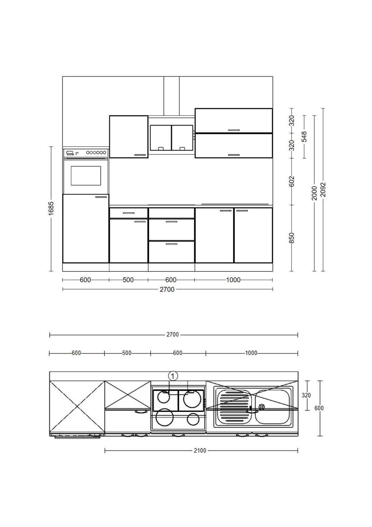 Küchenzeilen Lucca mit Geräten 270 cm Weiß - Graubraun/Weiß, KONVENTIONELL, Holzwerkstoff (270cm) - FlexWell