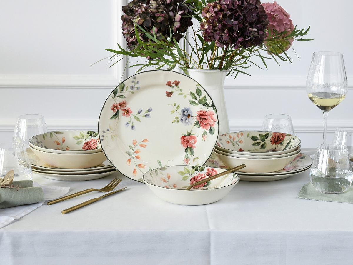 Tafelservice Priscilla Keramik 6 Personen Floral - Waldgrün/Mauve, Trend, Keramik - Creatable