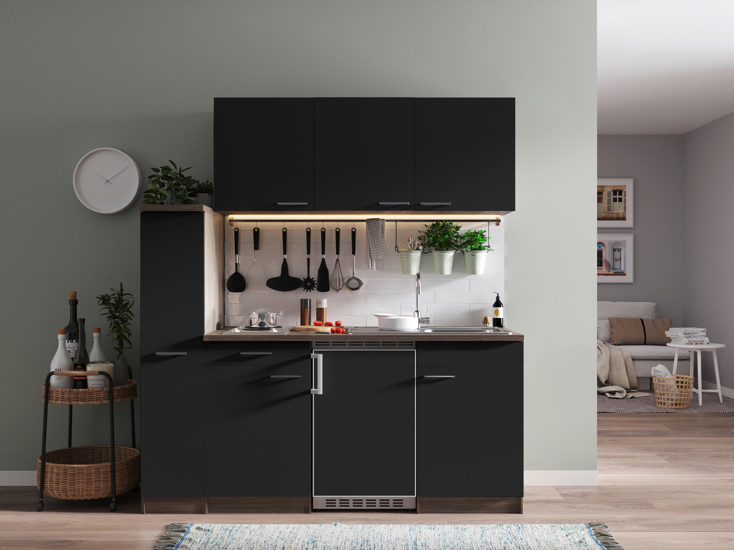 KÜCHENBLOCK OLIVER SINGLEKÜCHE 180 CM - Eichefarben/Schwarz, Basics, Holzwerkstoff (180cm) - Respekta