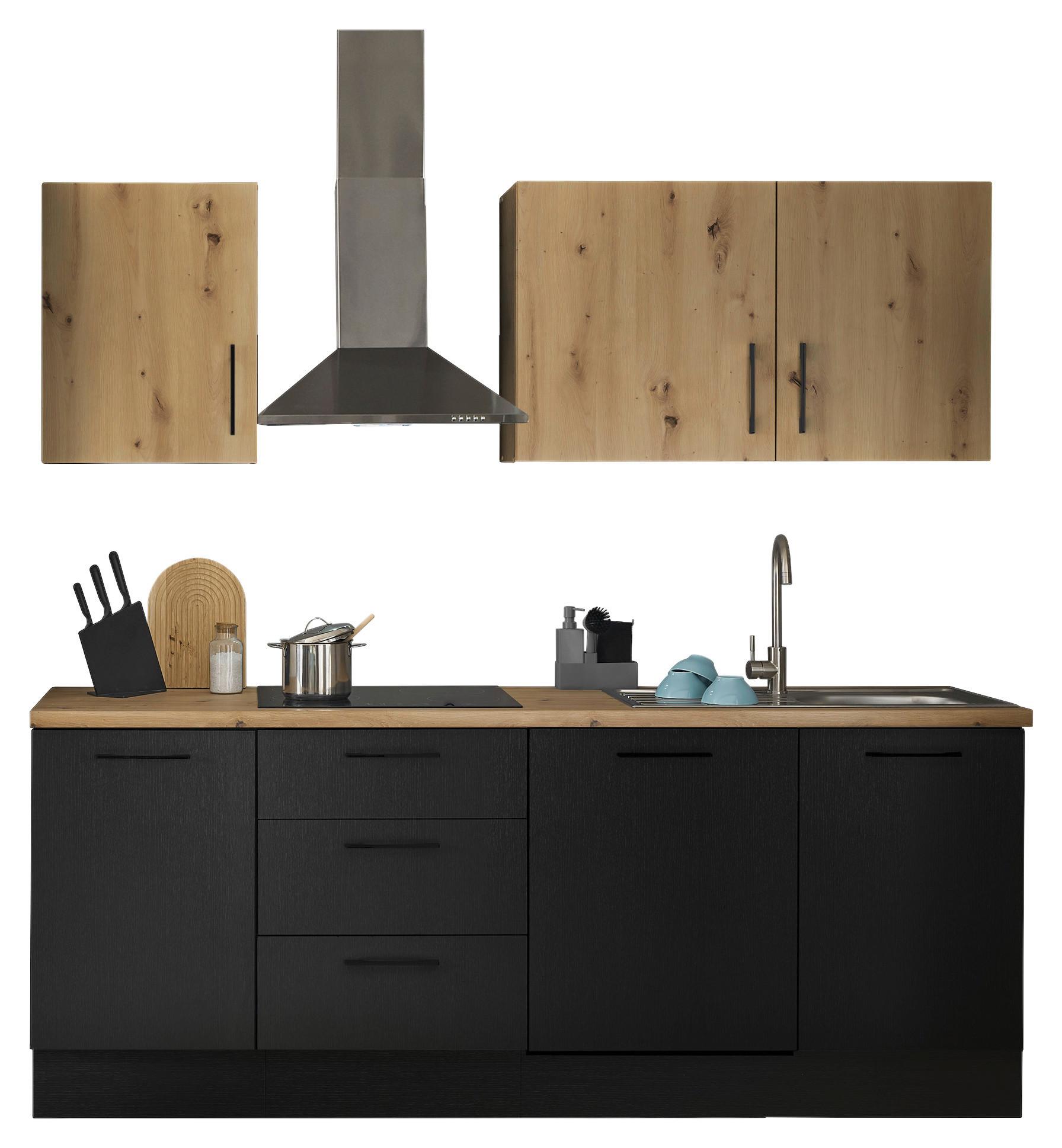 Kuchyňská linka TURIN bez spotřebičů, šíŕka 220 cm - černá/dub artisan, Moderní, kov/kompozitní dřevo (220cm)