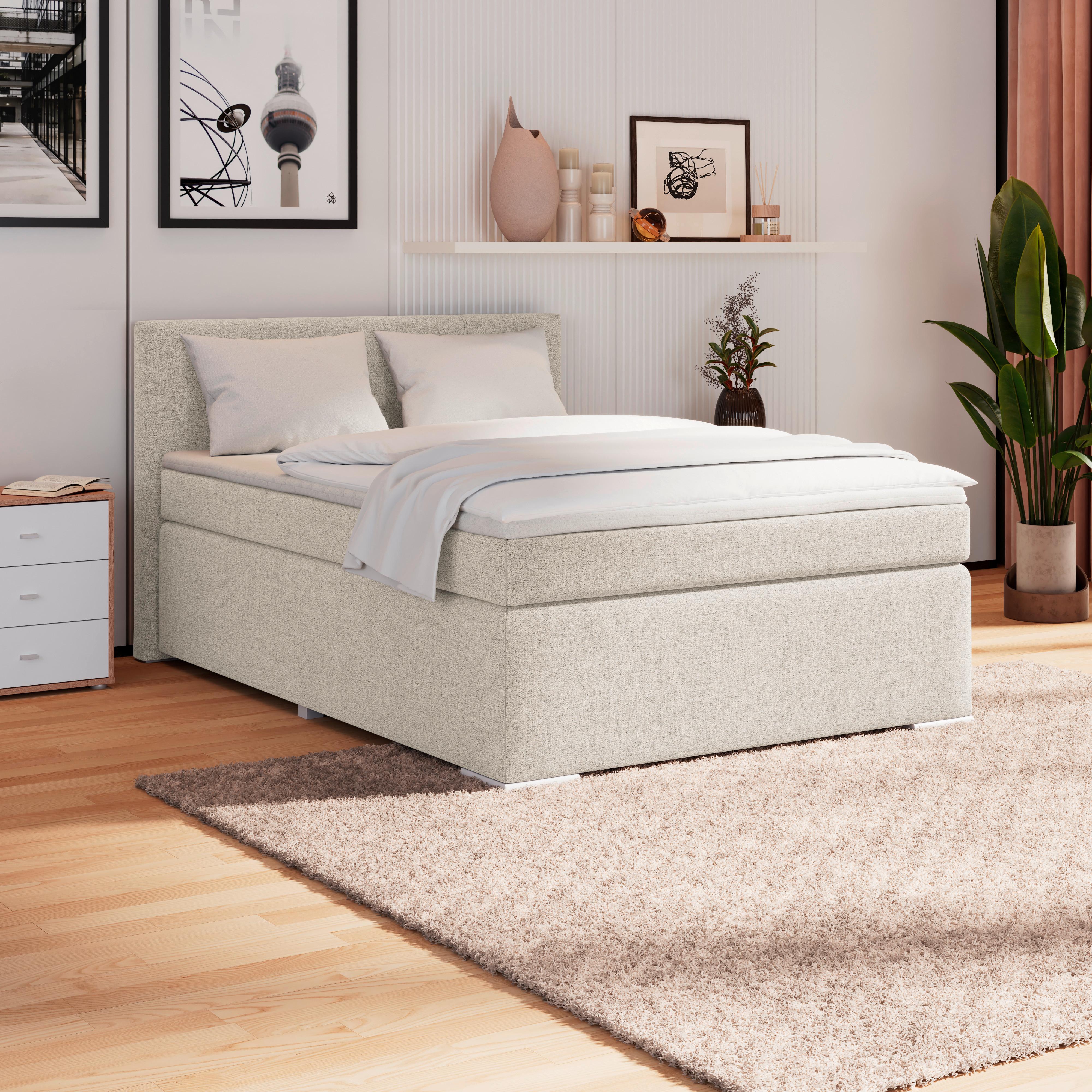 Boxpringbett Mira I Nordic, Lf: 140x200 cm - Creme/Alufarben, Basics, Textil (140/200cm)