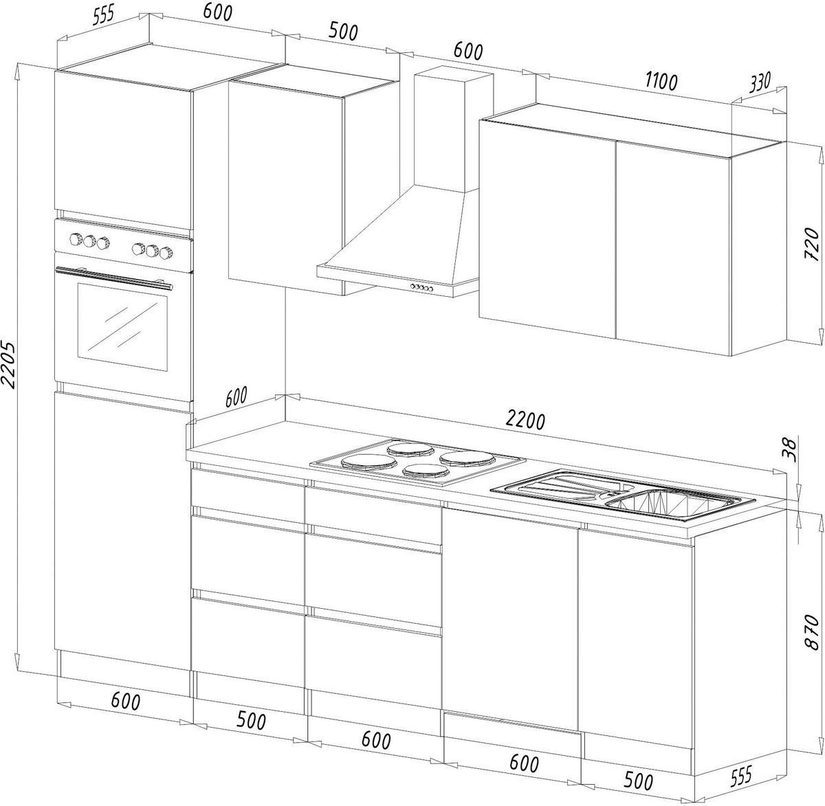 Küchenzeile Premium mit Geräten 280 cm Grau/Eiche Dekor - Eichefarben/Grau, Basics, Holzwerkstoff (280cm) - Respekta