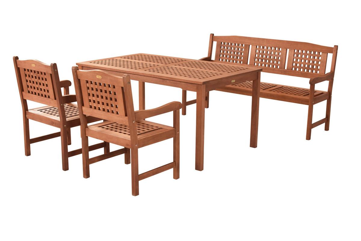 Gartentischgruppe Lima 4--Teilig. aus Holz mit Bank - Eukalyptusholzfarben, KONVENTIONELL, Holz - Gardenson