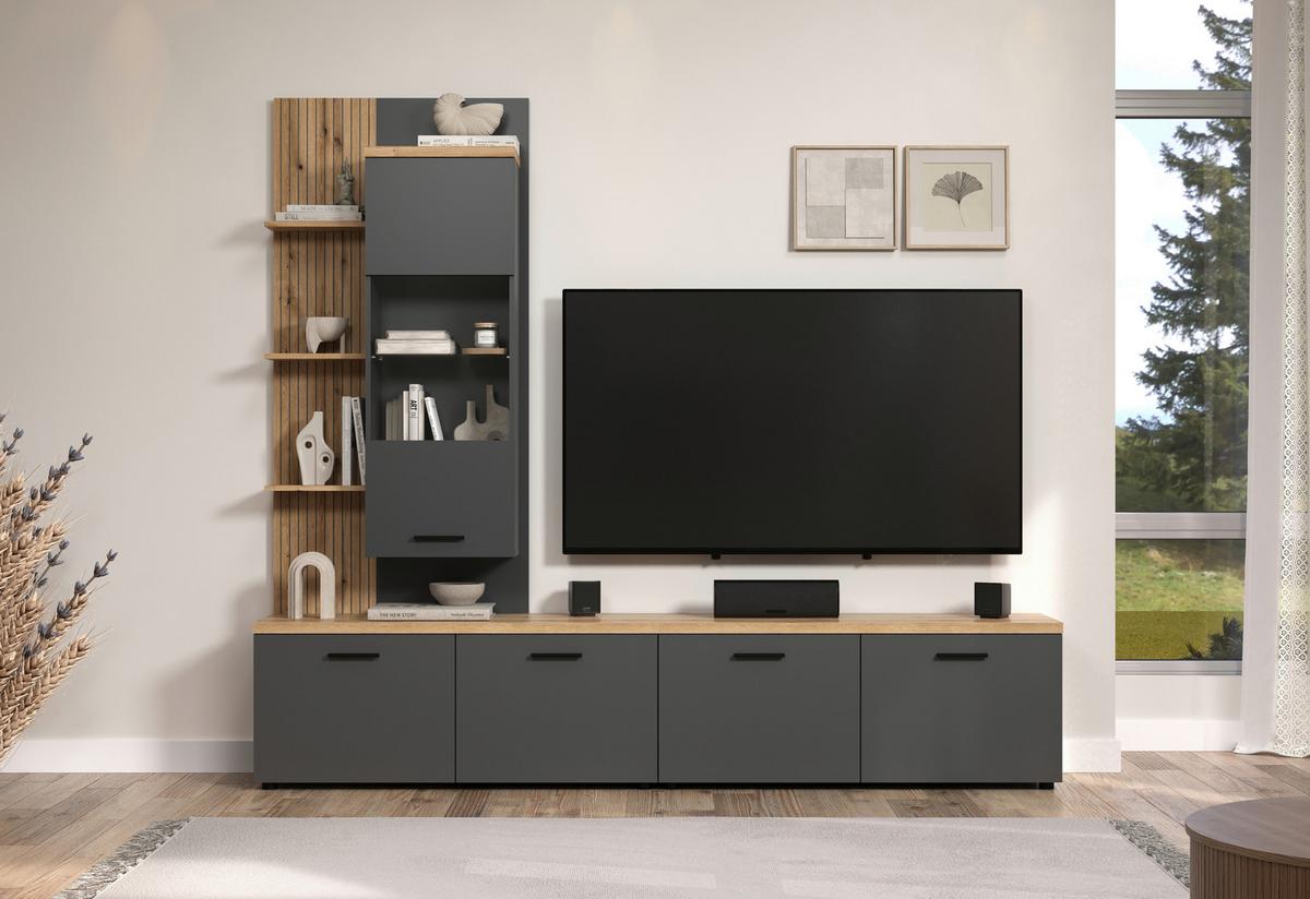 Wohnwand Baggio Anthrazit/Eiche B: 240cm - Eichefarben/Anthrazit, Design, Glas/Holzwerkstoff (240/212/40cm) - MID.YOU