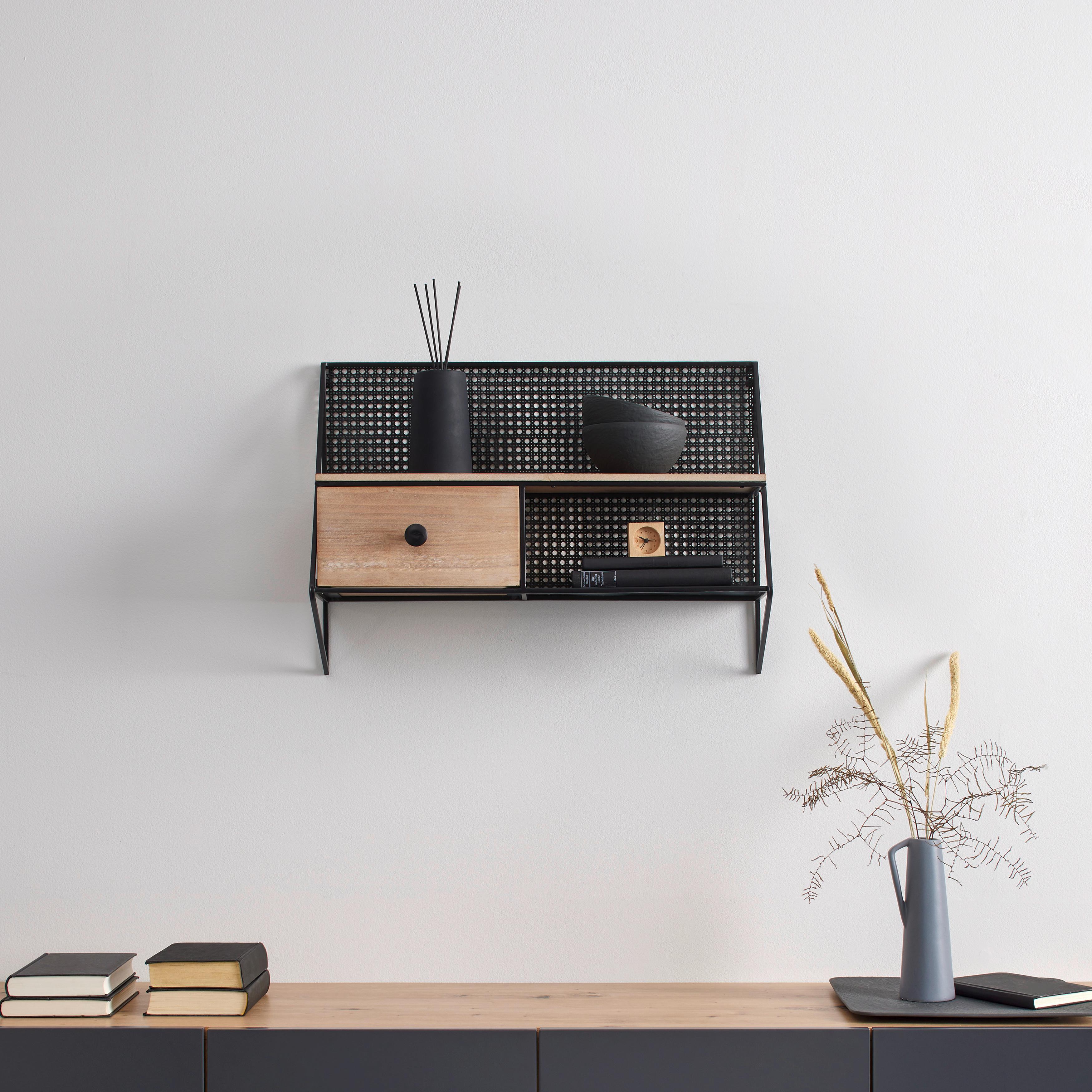Nastěnný Regál Lelia - černá/přírodní barvy, Moderní, kov/dřevo (60/43/20cm) - Bessagi Home