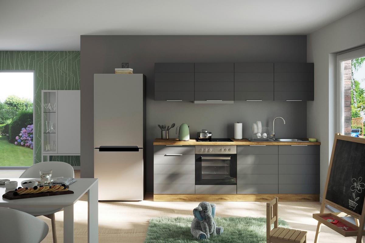 Küchenzeile Florenz mit Geräte B: 240 cm Grau/Eiche Dekor - Eiche Wotan/Grau, Design, Holzwerkstoff (240cm) - Held