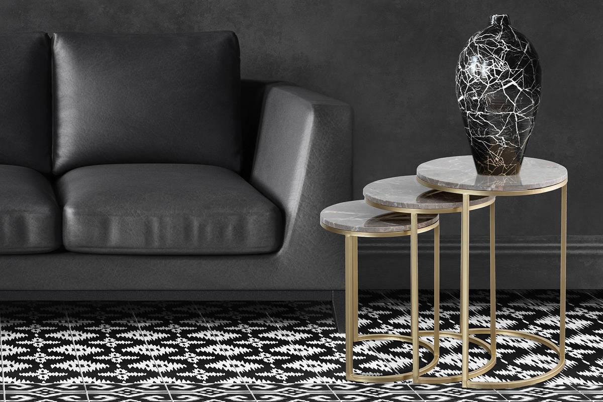 Beistelltisch 3-Teilig Tria Grau/Goldfarben - Goldfarben/Grau, Trend, Stein/Metall - Kayoom