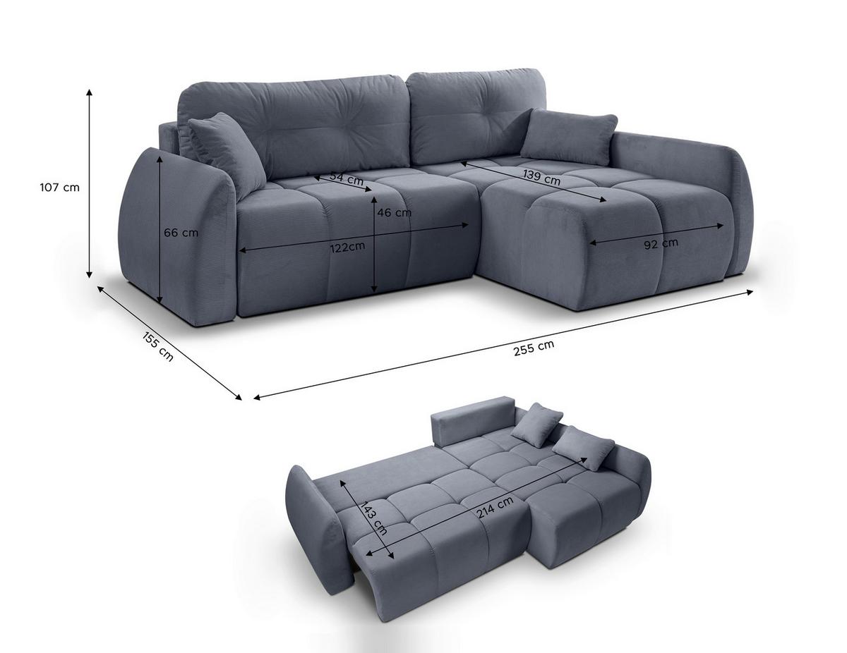Ecksofa Sancho Long Blaugrau S: 255x155cm - Blaugrau/Schwarz, Basics, Holz/Textil (255/155cm) - MID.YOU