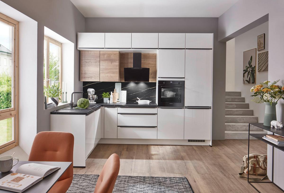 Eckküche Florenz/Singapur - Weiß Hochglanz/Eichefarben, Basics, Holzwerkstoff (187/307cm) - Vertico