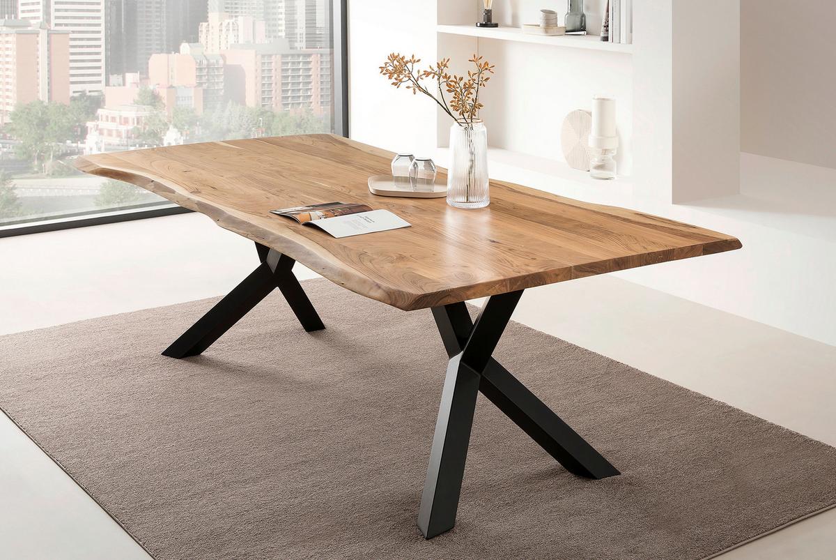 Tischgruppe Akazie Massiv/Grau 6--Teilig. - Naturfarben/Grau, MODERN, Holz/Textil (220/110/76,5cm) - Livetastic