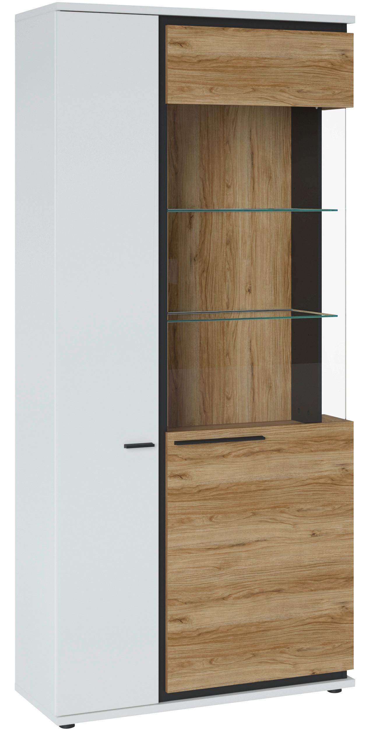 Vitrine Salinas Weiß/ Eichefarben/Glasfront Rechts - Eichefarben/Schwarz, Trend, Glas/Holzwerkstoff (93/199,3/37cm)