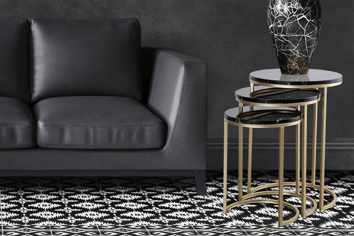 Beistelltisch 3-Teilig Tria Schwarz/Goldfarben - Goldfarben/Schwarz, Trend, Stein/Metall - Kayoom