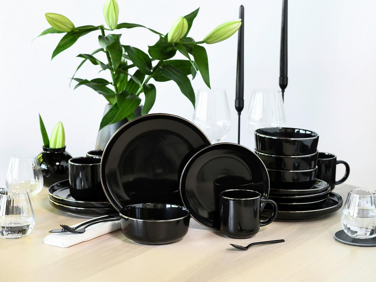 Kombiservice, 16-Teilig für 4 Personen, Steinzeug - Goldfarben/Schwarz, Basics, Keramik - Creatable