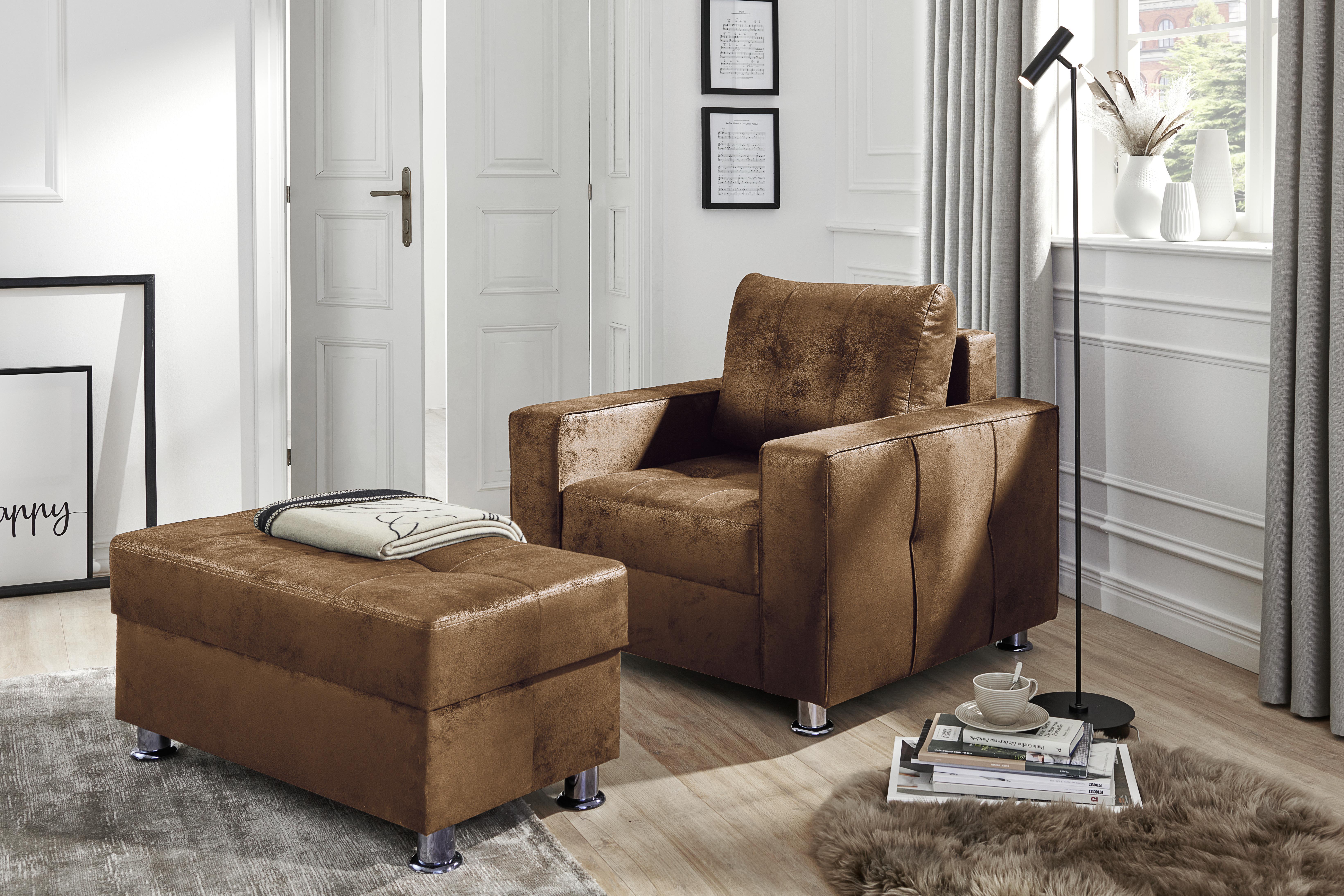 Polsterhocker Francesco Braun Lederlook H: 42 cm - Chromfarben/Braun, MODERN, Textil (92/42/50cm) - Livetastic