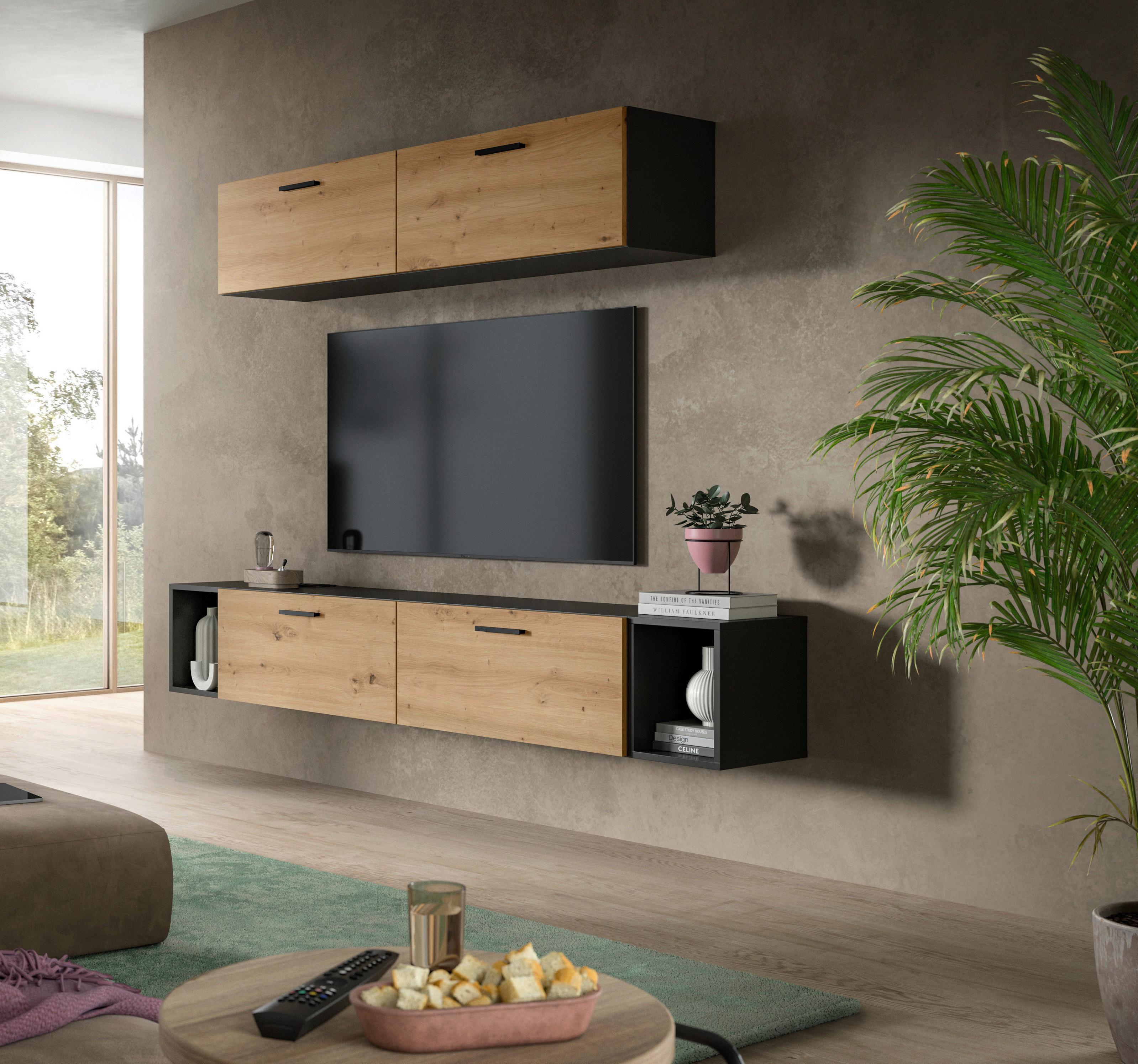 Wohnwand, The One 8, B: 150 cm Artisan Eiche Dekor/Grau - Schwarz/Eiche Artisan, Trend, Holzwerkstoff (150/92/34cm)