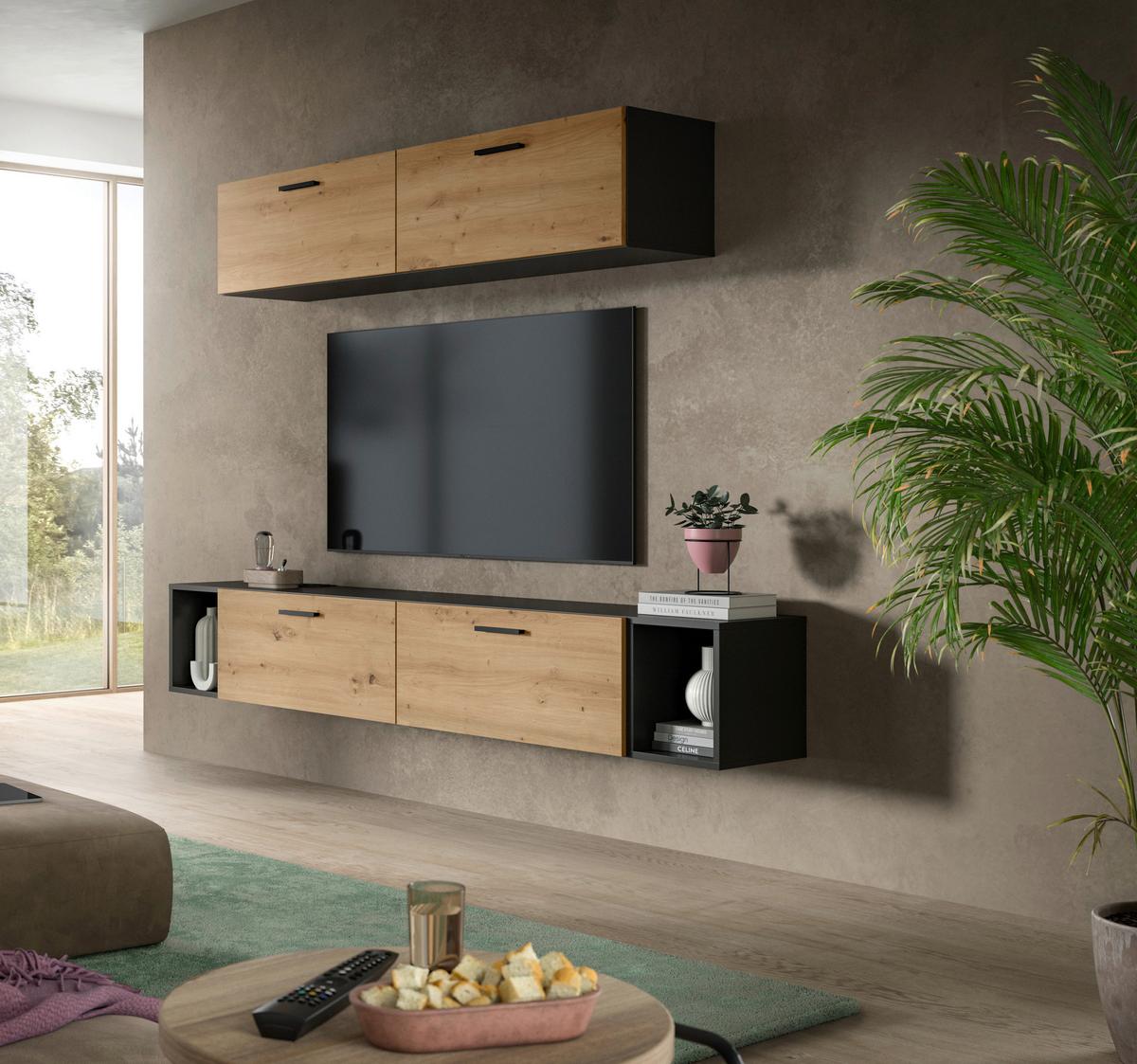 Wohnwand, The One 8, B: 150 cm Artisan Eiche Dekor/Grau - Schwarz/Eiche Artisan, Trend, Holzwerkstoff (150/92/34cm)