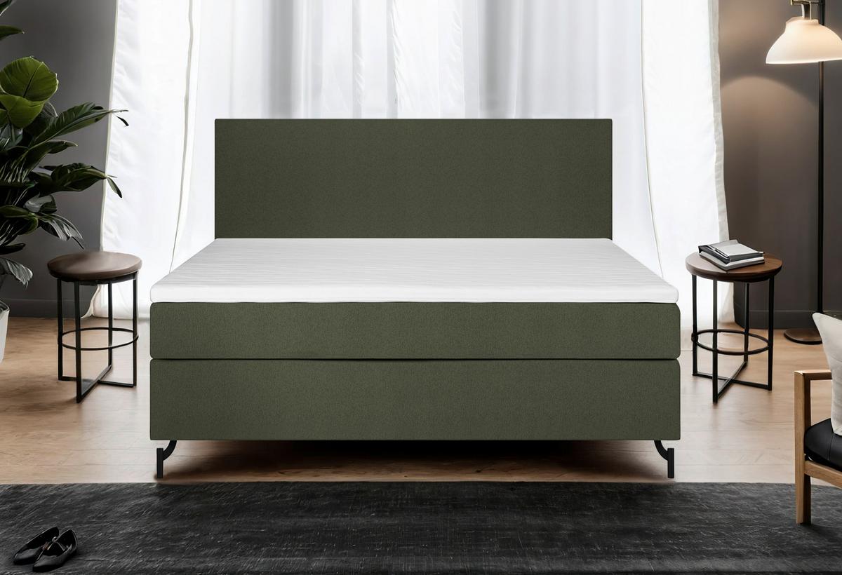 Boxspringbett Linz 140x200 cm D.grün inkl. Topper - Dunkelgrün/Schwarz, MODERN, Textil (140/200cm) - MID.YOU