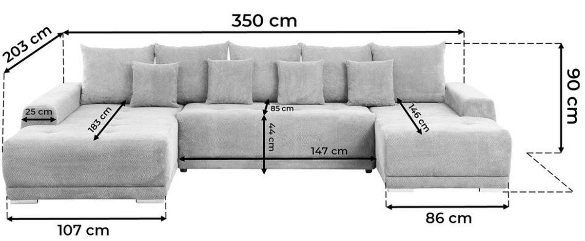 Wohnlandschaft Madeleine Grau U: 203x350x180cm - Silberfarben/Schwarz, Design, Textil (203/350/180cm) - MID.YOU