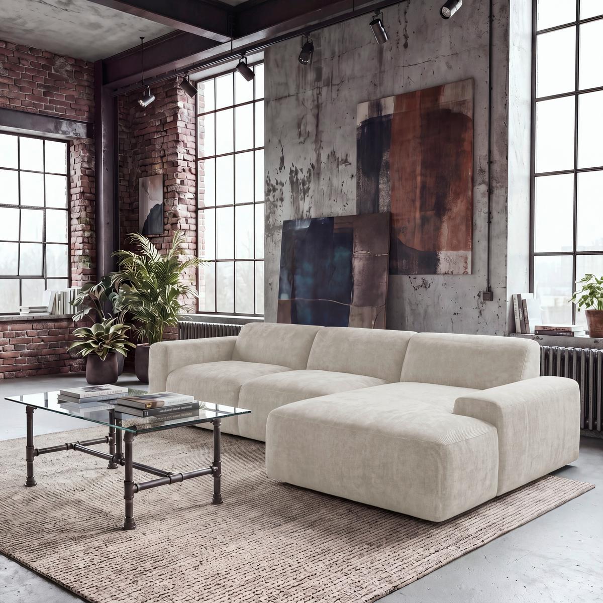 ECKSOFA Hannah Creme 343x170 cm - Creme/Schwarz, Design, Textil (343/170cm) - MID.YOU