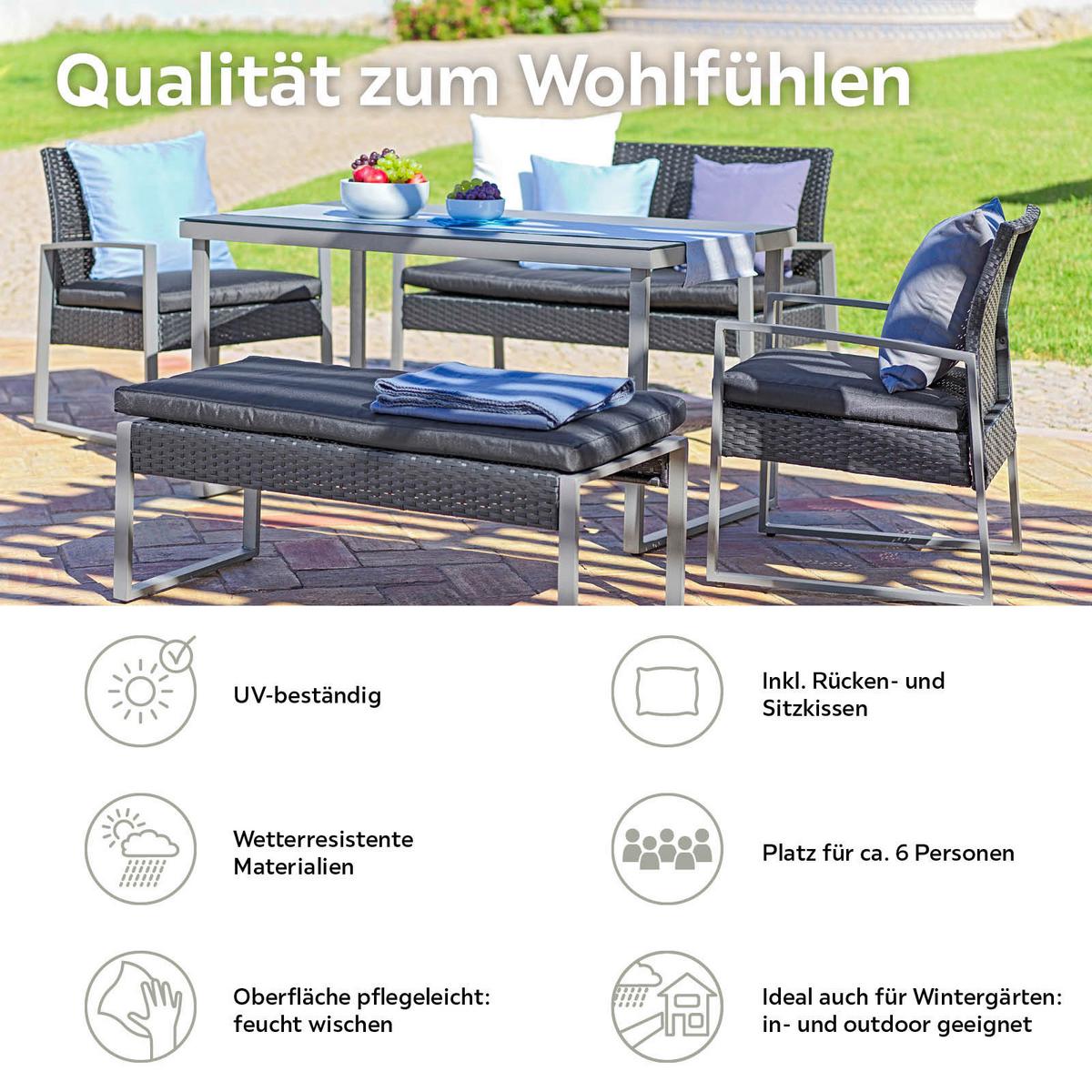 Loungegarnitur 5-tlg Elena Aus Stahl + Kunststoff Mit Kissen - Schwarz, MODERN, Glas/Kunststoff - Luca Bessoni