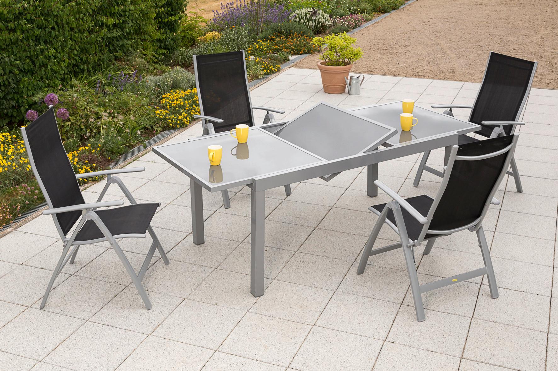 Gartengarnitur 5-Tlg. Carrara Metall/Textil/Glas - Silberfarben/Schwarz, KONVENTIONELL, Glas/Textil - Gardenson