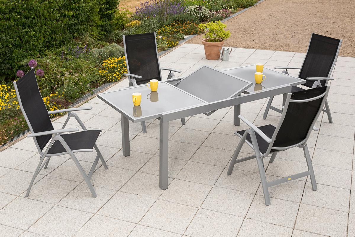 Gartengarnitur 5-Tlg. Carrara Metall/Textil/Glas - Silberfarben/Schwarz, KONVENTIONELL, Glas/Textil - Gardenson
