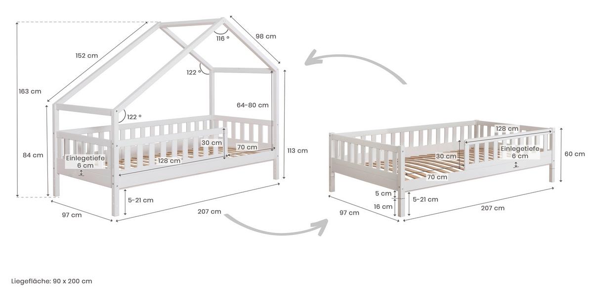 Hausbett Lou B: 90 Cm Weiß Lou - Weiß/Naturfarben, MODERN, Holz/Textil (90/200cm) - MID.YOU