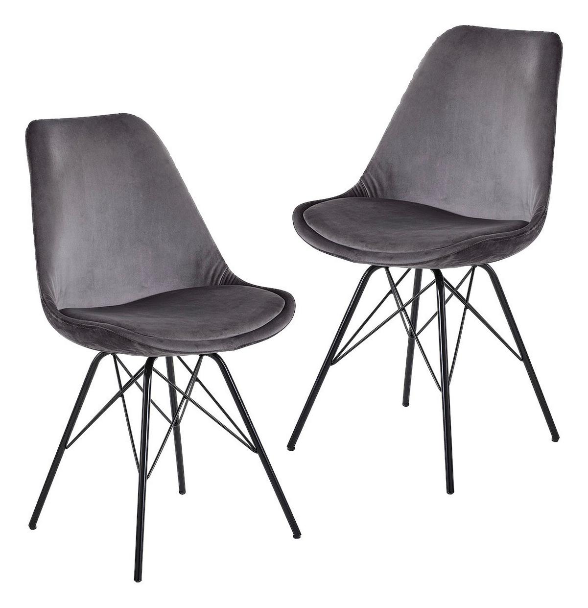 Schalenstuhl Grau Gepolstert Samt 2er-Set - Schwarz/Grau, MODERN, Textil/Metall (48/86/58cm) - MID.YOU