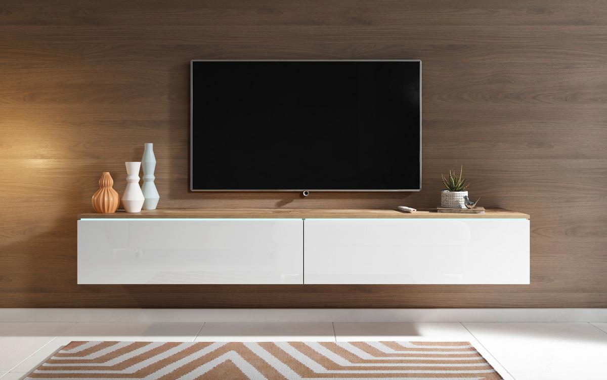 Tv-lowboard Eiche Wotan B: 180 Cm Weiß/eichefarben - Weiß Hochglanz/Eiche Wotan, LIFESTYLE, Holzwerkstoff (180/30/33cm) - P & B