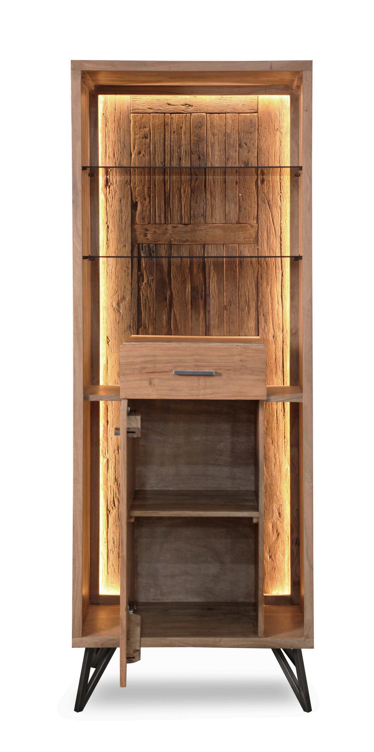 Vitrine Indira Akazie Massiv, B: 72 cm - Schwarz/Akaziefarben, ROMANTIK / LANDHAUS, Holz/Metall (72/195/40cm)