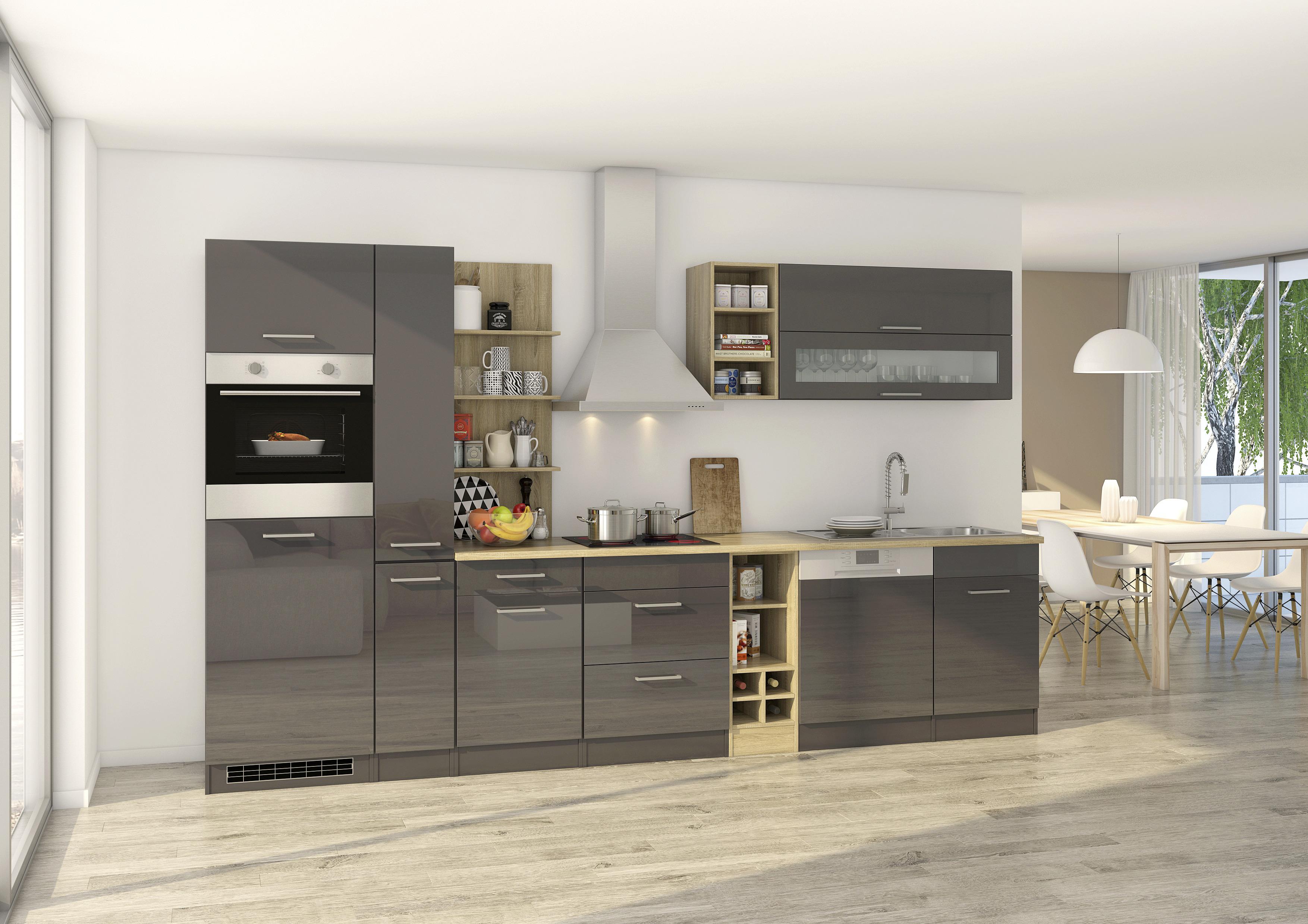 Küchenzeile Mailand mit Geräten 340 cm Anthrazit Elegant - Eichefarben/Anthrazit, MODERN, Holzwerkstoff (340cm) - MID.YOU