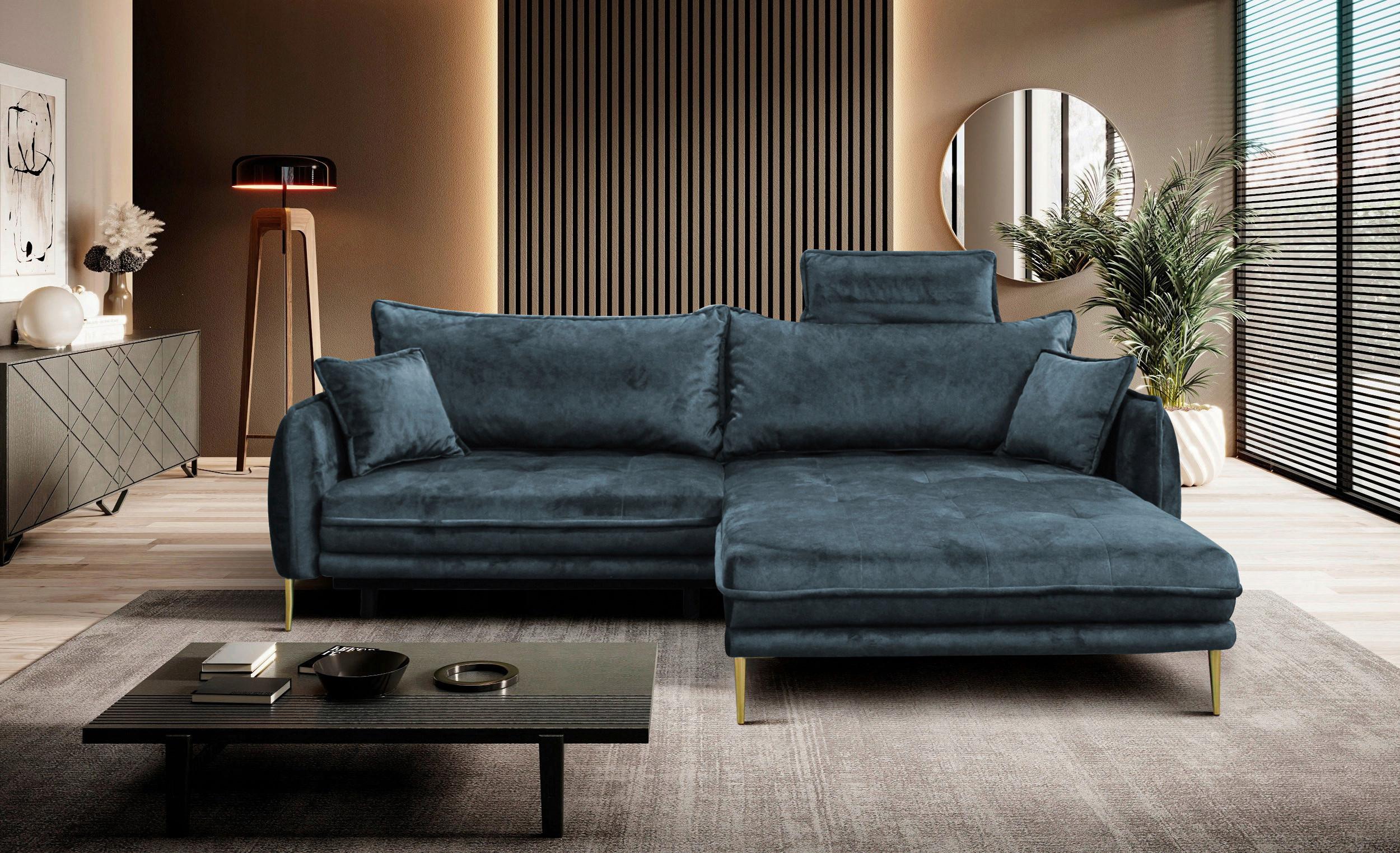 Ecksofa Whisper Blau S: 264x196 cm - Blau/Goldfarben, Design, Textil (264/196cm) - MID.YOU