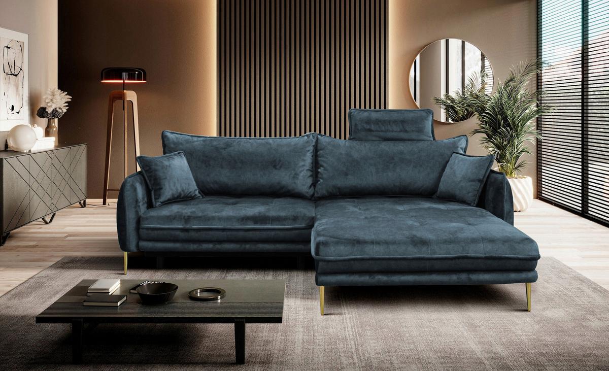 Ecksofa Whisper Blau S: 264x196 cm - Blau/Goldfarben, Design, Textil (264/196cm) - MID.YOU