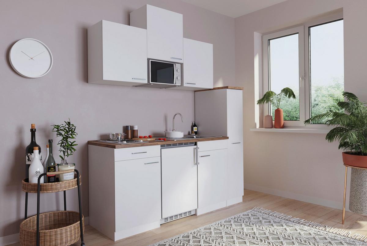 Küchenzeile Economy mit Geräten 180 cm Weiß/Nussbaum Dekor - Nussbaumfarben/Weiß, Basics, Holzwerkstoff (180cm) - Respekta