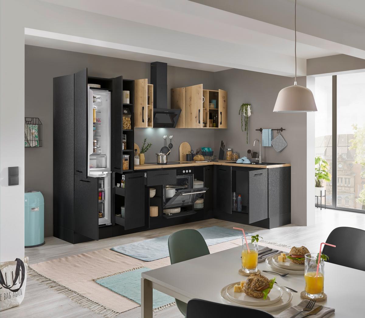 Eckküche Turin Schwarz/eiche Dekor 300x165 Cm - Schwarz/Eiche Artisan, Basics, Holzwerkstoff (300/165cm) - MID.YOU