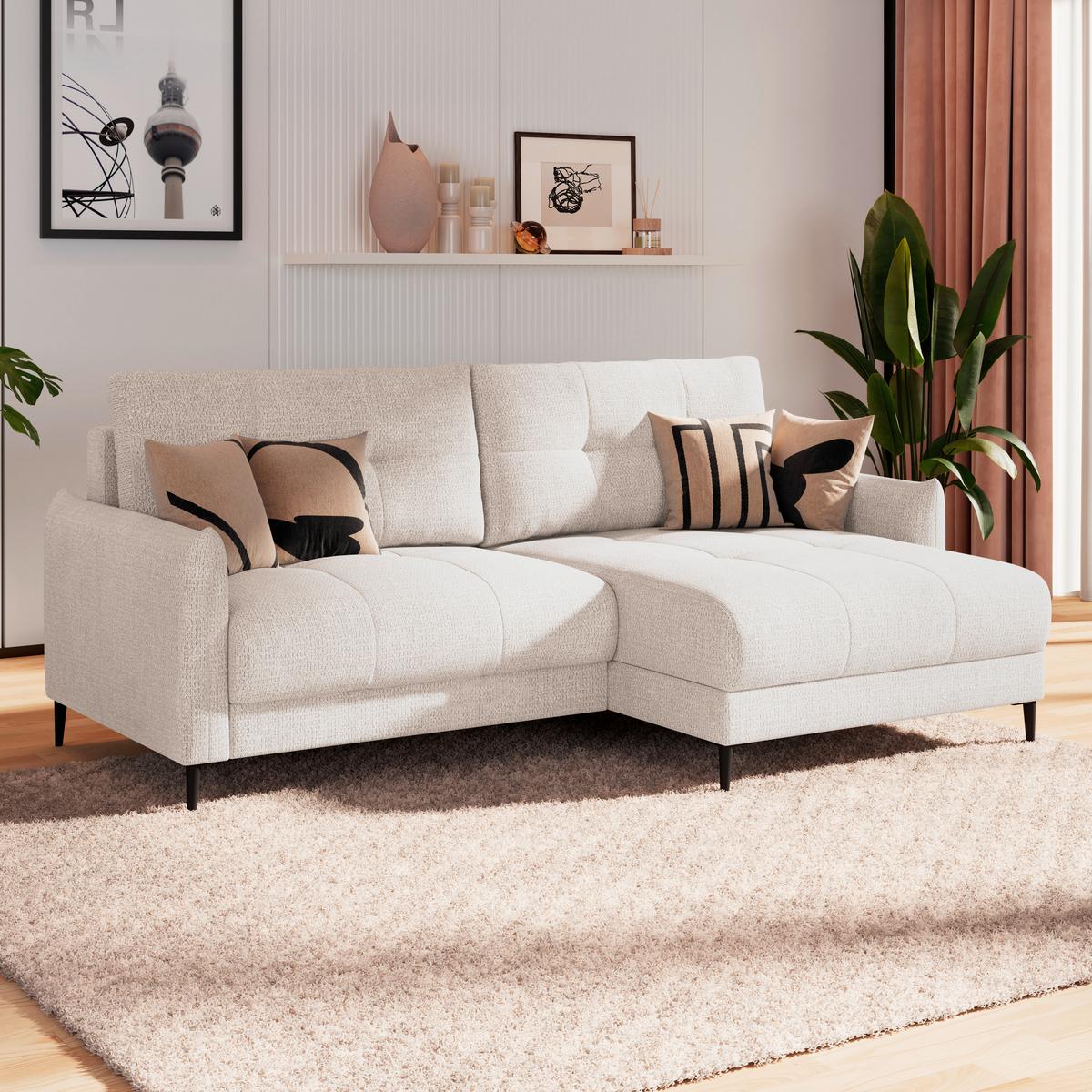 Ecksofa Polis Webstoff creme, 221x142cm - Creme/Schwarz, Trend, Textil (221/142cm) - Ondega
