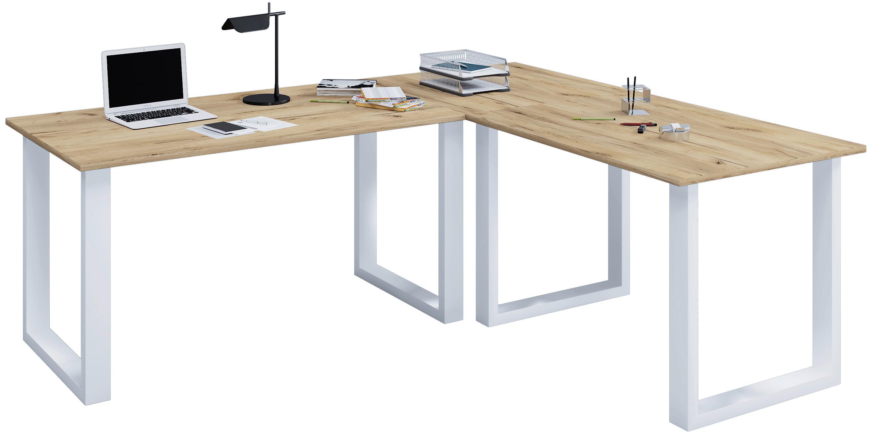 Eckschreibtisch Lona Silberfarbe/Eiche D. L: 160cm - Honigeiche/Silberfarben, Design, Holzwerkstoff/Metall (160/130/76cm) - MID.YOU