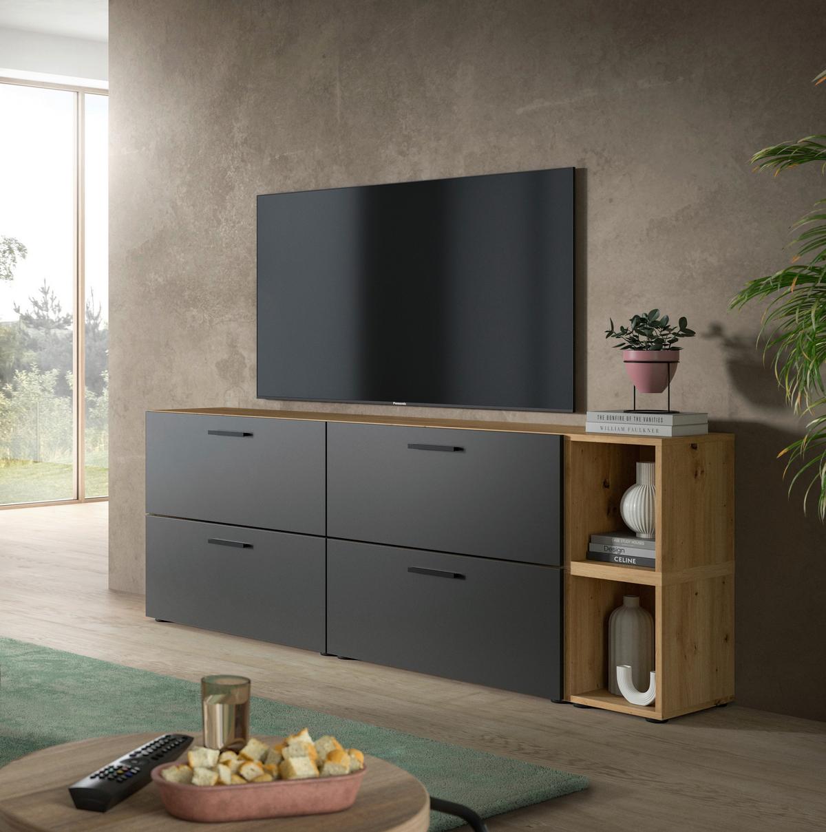 Wohnwand, The One 6, B: 176 cm Grau/Artisan Eiche Dekor - Schwarz/Eiche Artisan, Trend, Holzwerkstoff (176/67/34cm)