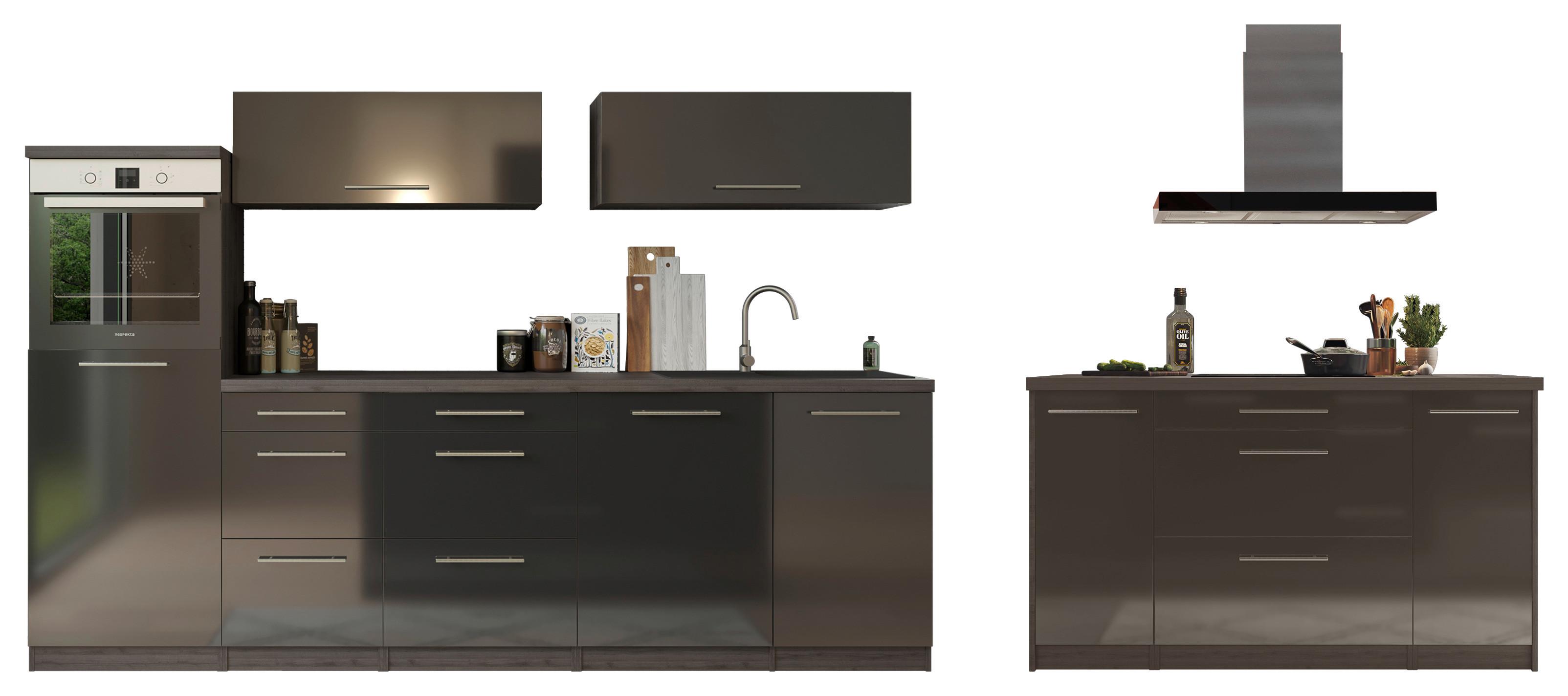 Küchenzeile Premium Mit Geräte 280 Cm Grau/schwarz +kochinsel - Eichefarben/Schwarz, Basics, Holzwerkstoff (280/160cm) - Respekta