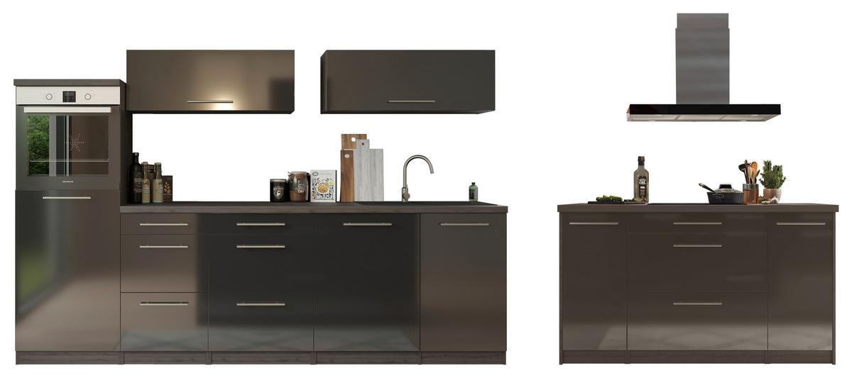 Küchenzeile Premium mit Geräte 280 cm Grau/Schwarz +kochinsel - Eichefarben/Schwarz, Basics, Holzwerkstoff (280/160cm) - Respekta
