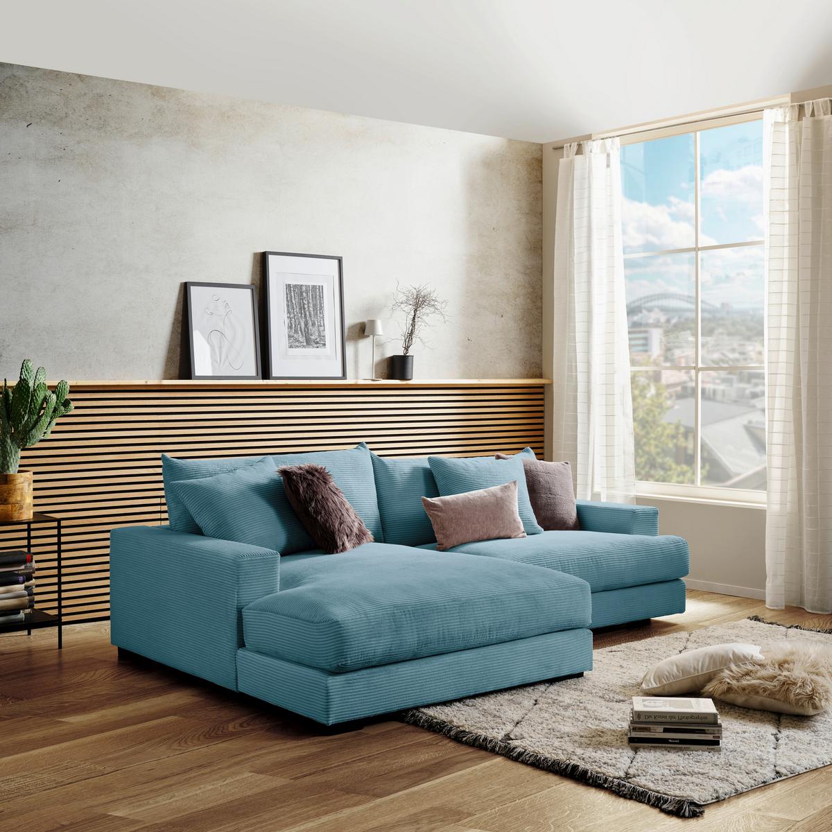 Ecksofa Pelle mit Kissen Türkis Cord 180x265 cm - Türkis/Schwarz, MODERN, Textil (180/265cm)