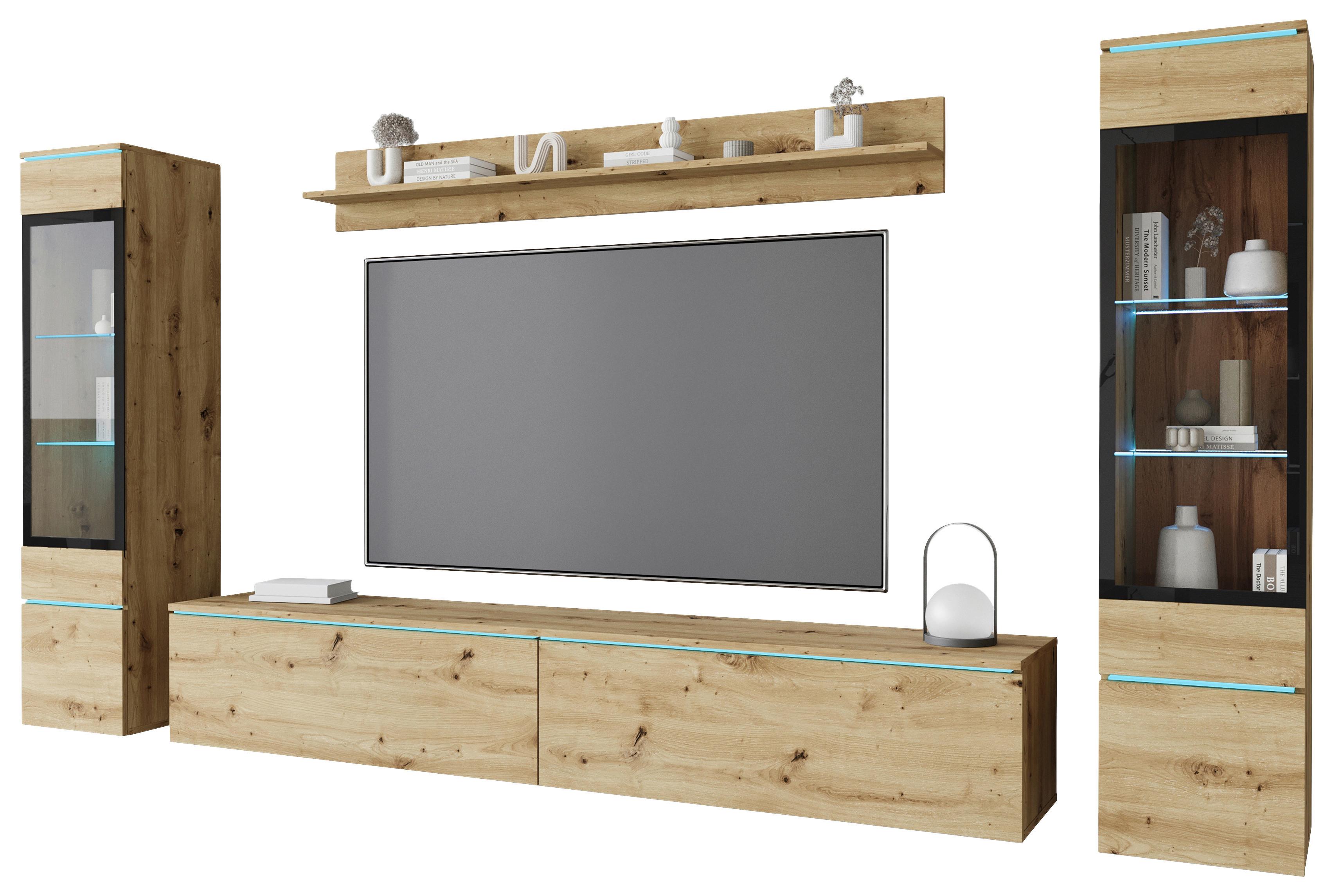 Wohnwand Vera II 4-teilig Eiche Artison Dekor B: 240cm - Eiche Artisan/Grau, Basics, Glas/Holzwerkstoff (240/130/33cm) - P & B
